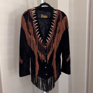Suede Leather Western Fringe Jacket Black and Brown